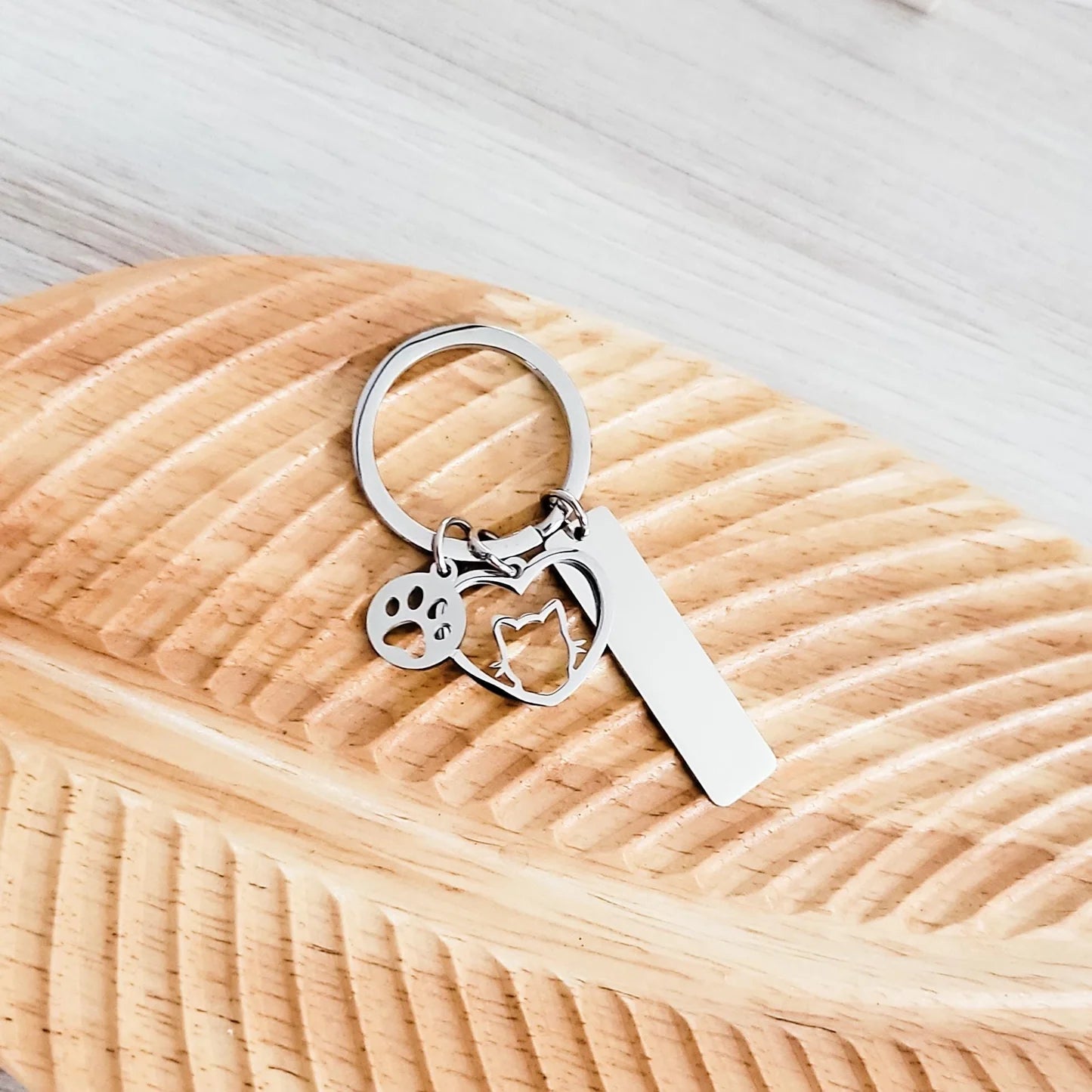 Rectangle with Cat and Paw Charm Keychain Metal Blank #93
